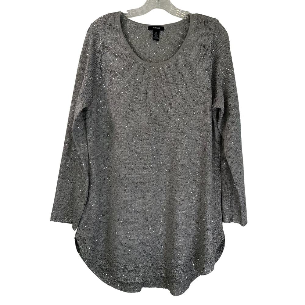 Alfani Womens XL Silver Metallic Sequin Long Sleeve Tunic Sweater Scoop Neck